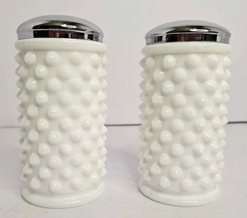 Fenton Hobnail Milk Glass Salt & Pepper Shakers 3" Silver Lids Vintage