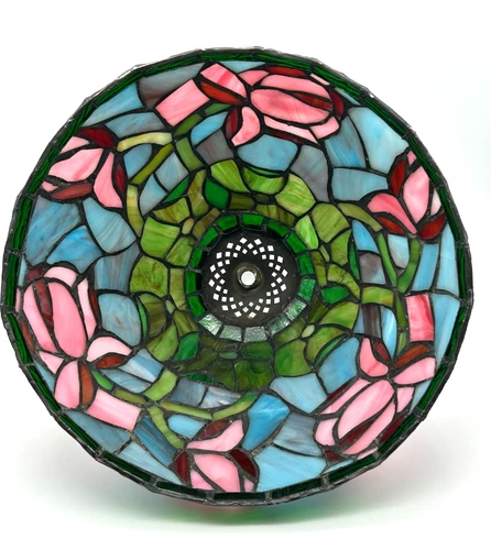 Vintage Tiffany Style Leaded & Stained Glass Lamp Shade – Pink Roses ~ 7" Tall