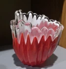 Showa Retro Japanese Art Glass Flame Vase Red Orange Milk White 5.75” Vintage