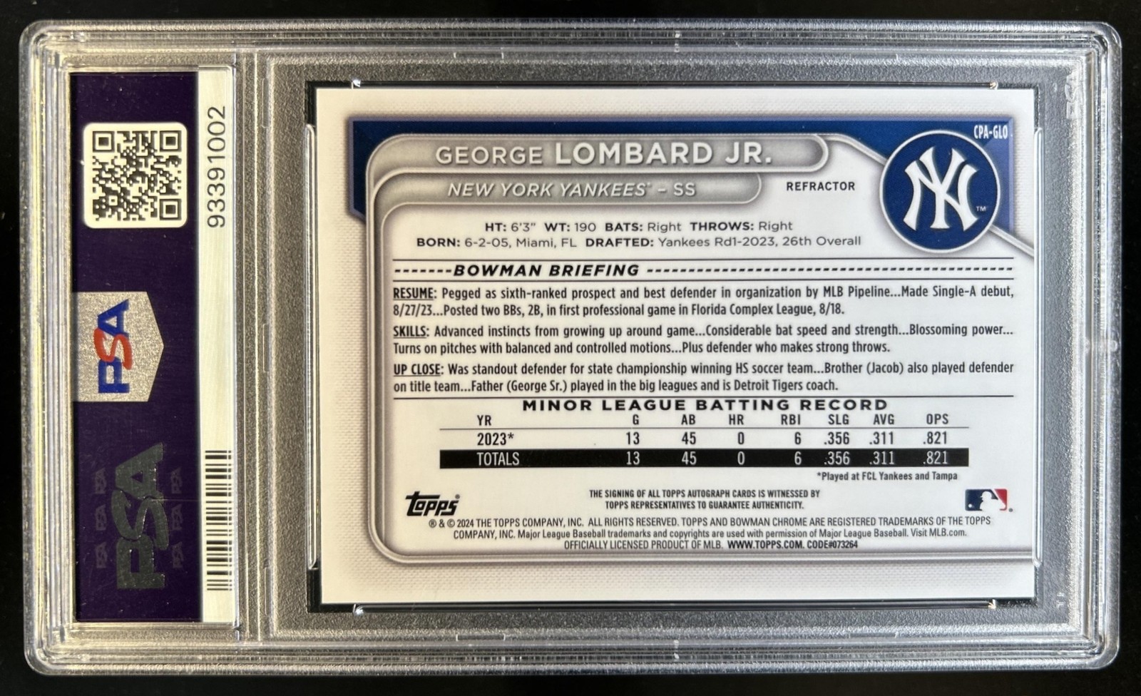 2024 Bowman George Lombard Jr. Chrome Auto 1st Refractor #/499 Yankees PSA 10 view 2