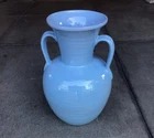 Frankoma Pottery Vase Urn Leaf Handles Ribbed Robin’s Egg Blue Design # 71
