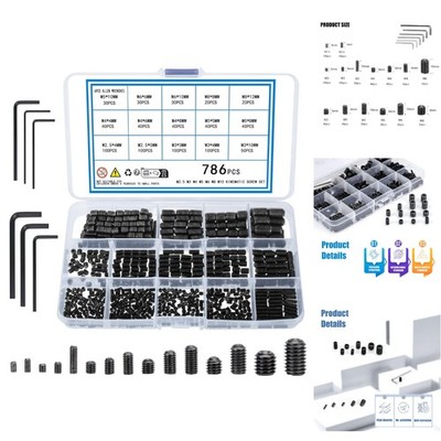 786pc Metric Grub Screw Assortment Kit Hex Head Socket Set Screws M2.5 M3 M4-M8