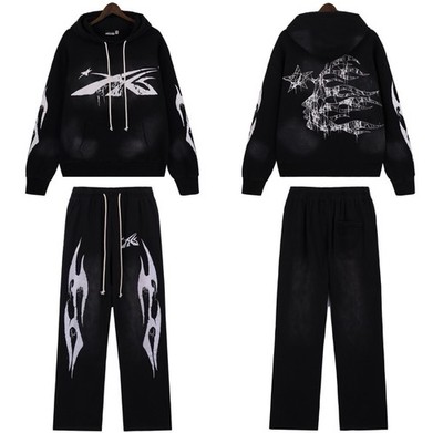 Helstar Black Graphic Tracksuit Set for Men Hoodie & Pants Hooded Drawstring