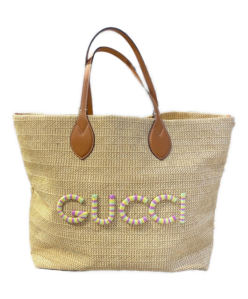 GUCCI 779666 Tote Bag Straw Effect Beige with Colorful Logo Design