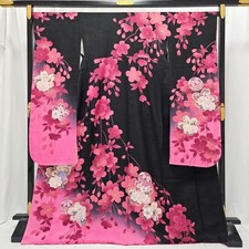 Furisode Kimono No60 black background pink cherry blossom temari gold color tall
