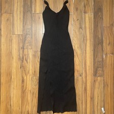 Windsor Black Ribbed Bodycon Midi Dress Women’s Large Front Slit-Dark Romance