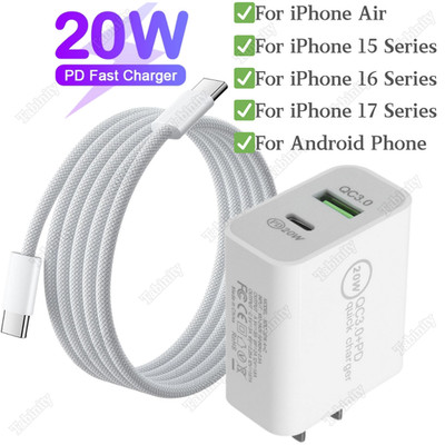 For iPhone Air 15 16 17 Pro 20W QC 3.0 USB-C Fast Charger Block PD Type-C Cable