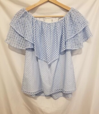 HEATHER Bordeaux Tia Trellis Lace Ruffle Off Shoulder Top Sz Petite Cloud Blue