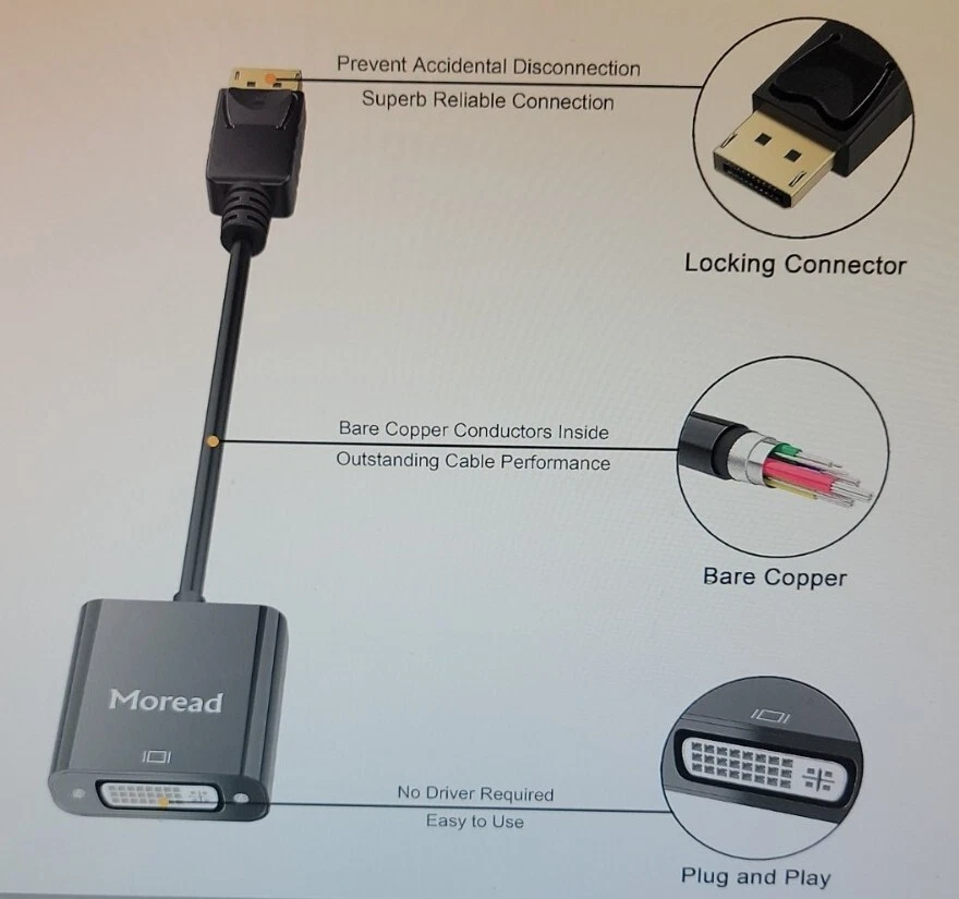 Gold-Plated Display Port to DVI-D Adapter (Male to Female) by Moread. New - Image 3 of 4