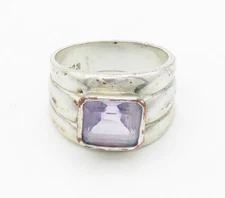 925 Sterling Silver  Vintage Amethyst Shiny Fluted Band Ring Sz 7.5  RG16057