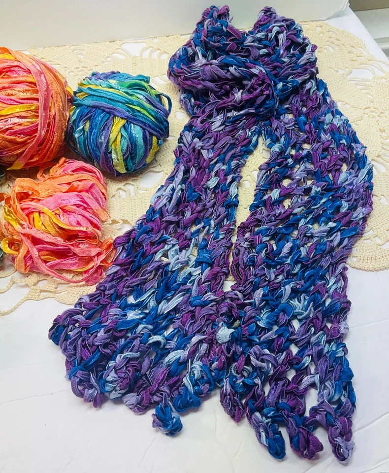 Mango Moon Silk Ribbon Yarn Lot ofAssorted Colors &Knit Scarf Vintage Space Dyed - Image 4 of 4
