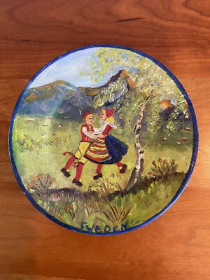 Antique Swedish hand painted decorative wooden plate, folk artwork