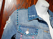 Jocelyn Faded Blue Denim Jeans Jacket Colorful Studs Rhinestones Frayed S 3a