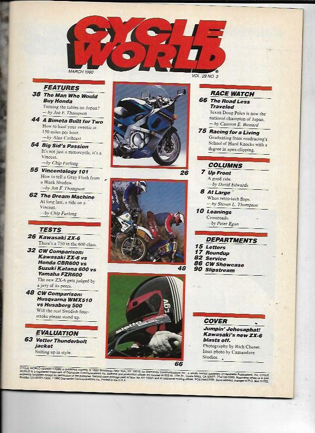 Cycle World Magazine March 1990- Kawasaki ZX-6, Yamaha FZR600