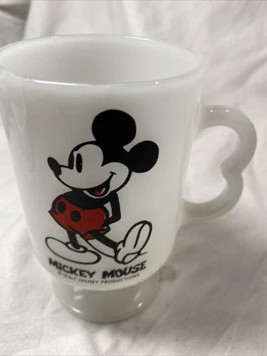 Fire King Mickey Mouse Milk Glass Mug Cup Disney Pedestal  Vintage