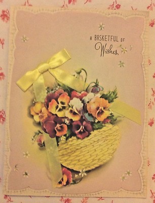 Vintage 1940s UNUSED Get Well Card with Ribboned Basket Full of Pansies