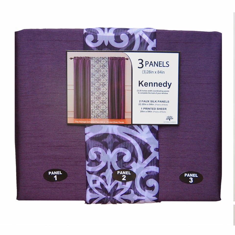 Púrpura 3 piezas  Juego de cortinas de ventana: 2 paneles de seda sintética y 1 gasa impresa/transparente Foto 2 de 2