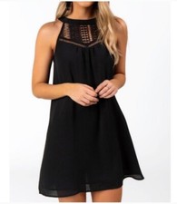 FRANCESCA'S Mi Ami Sz M High Halter Neckline Crochet Detail Little Black Dress 