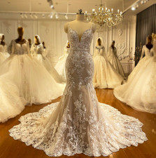 Champagne Mermaid Wedding Dresses with Court Train Lace Appliques Bridal Gowns