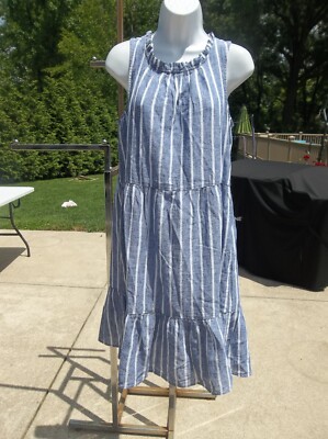 beach lunch lounge striped dress Beach Lunch Lounge Dress Women's Medium Striped Linen Cotton Ruffle Strap