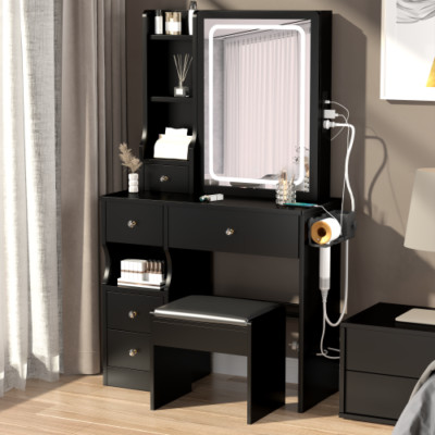 Left Drawer Vanity Table Set LED Mirror Dresser Desk AC USB Socket Makeup Black