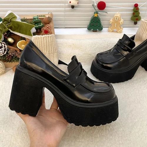 Plataforma Cuero PU Gótico Negro Grueso Tacones Altos Bomba Mocasines JK Uniforme Zapatos - Imagen 13 de 23