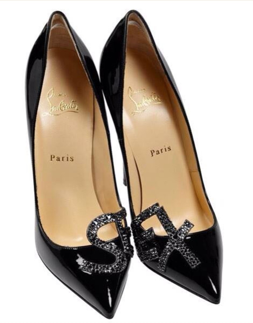 Christian Louboutin Pigalle SEX crystal embellished Black Patent 39 Uk6