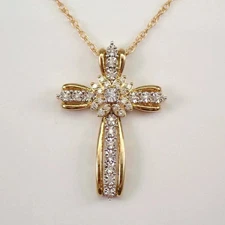 2 Ct Round Cut White Moissanite Cross Pendant 14K Yellow Gold Plated