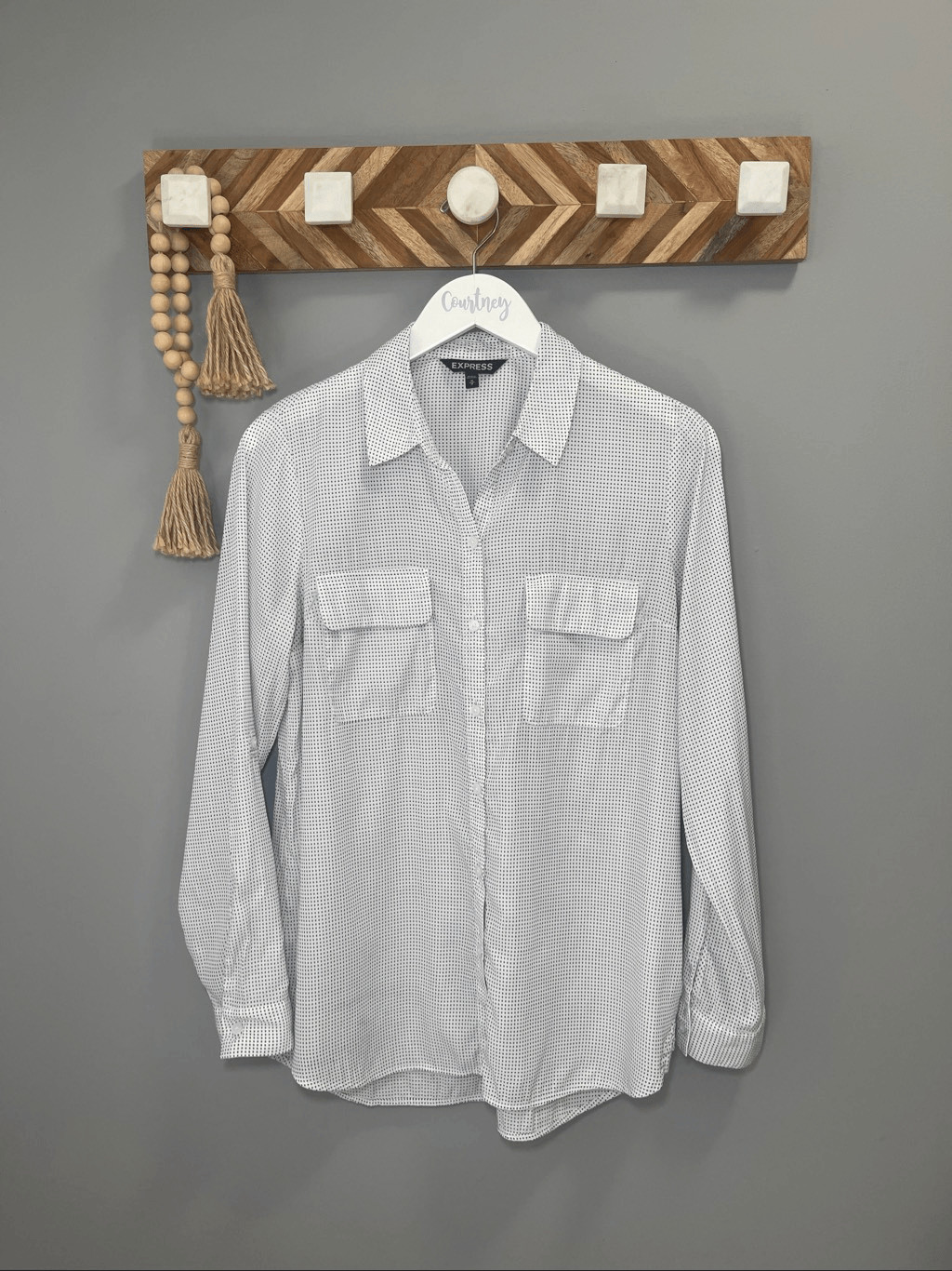 Express white polka dot button down shirt Size M - image 1