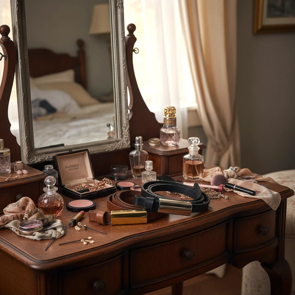 Lot 2 x Vintage Leather Skinny Belts Brown/Gold & Black/Silver Minimalist Sz L - Image 2 of 4