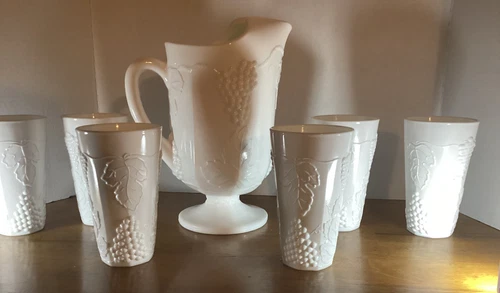 Vintage Milk Glass Pitcher & 6 Large Glasses Set Grape Design Heavy Well Made