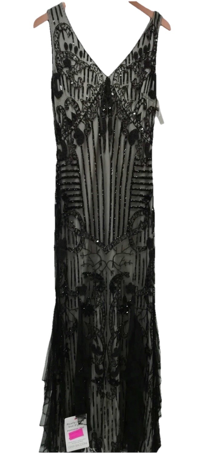 Gina Bacconi Sequin Beaded Mesh V Neck Longline Evening Black Range Tie Dress image 2