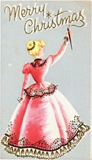 Vintage Christmas Card, Chrismas Girl in Pink Dress Painting "Merry Christmas"