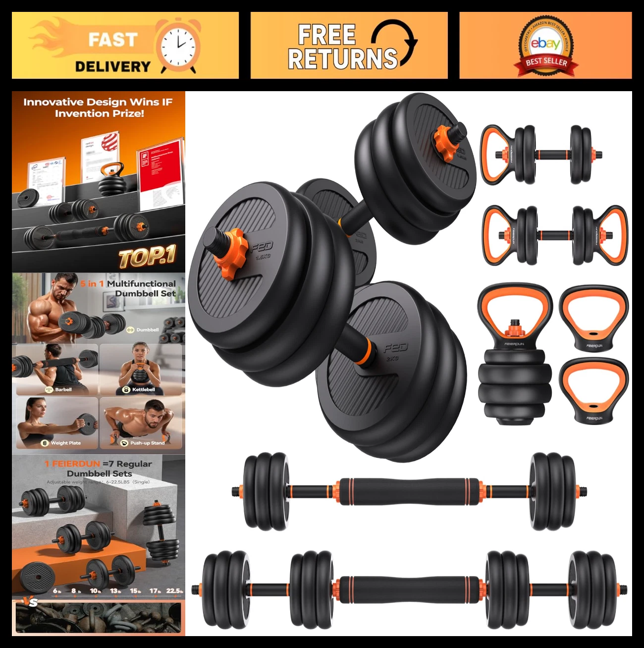 Adjustable Dumbbells Set 20-90lbs, 5-in-1 Free Weights for Home Gym, Barbell & K