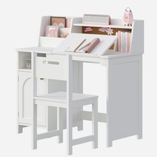 Kids Study Desk and Chair Set, Kids Desk with Hutch and Tiltable