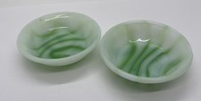 Akro Agate Tea Set Green White Swirl Round Bowl Set Of 2 Vintage