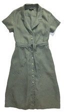 Quince European Linen Shirt Dress Sz S Olive Short Sl Belted Button Front Midi