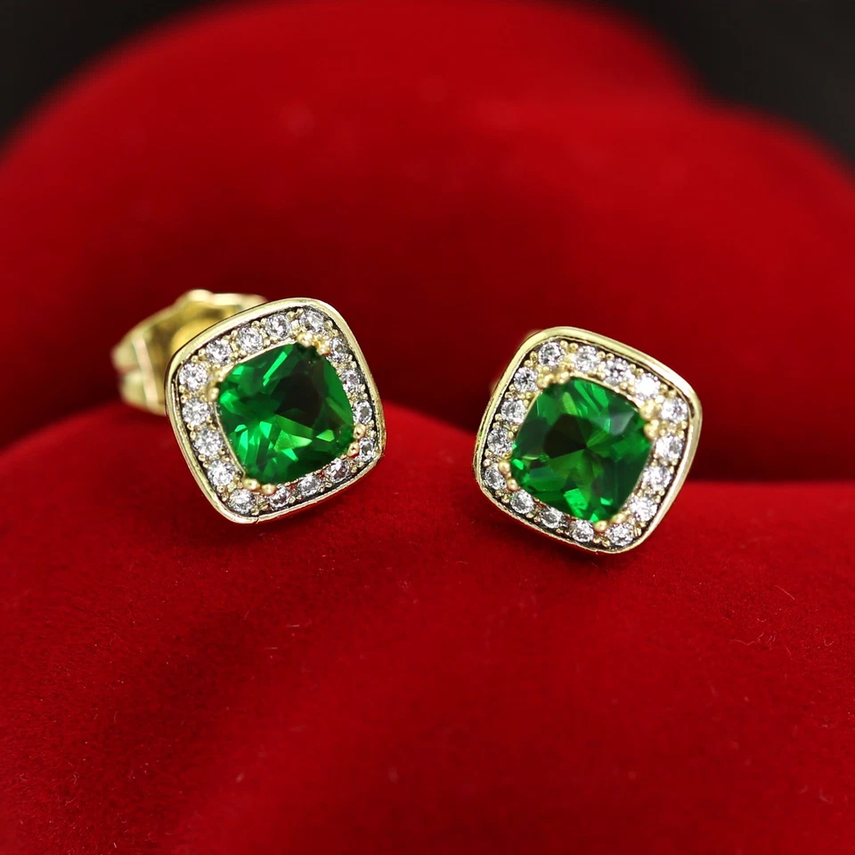 WOMEN 9CT GOLD GF Filigree Simulated Diamond Green Emerald Square Stud EARRINGS - Изображение 3 из 4