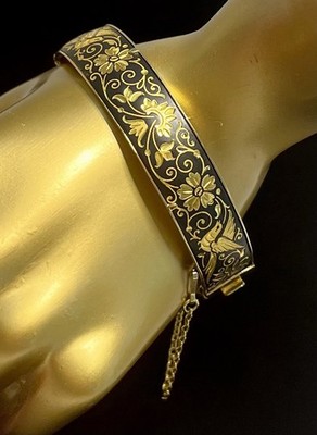 VINTAGE DAMASCENE GOLD & BIRD and FLORAL LEAF HINGED BRACELET w/Chain! 6 