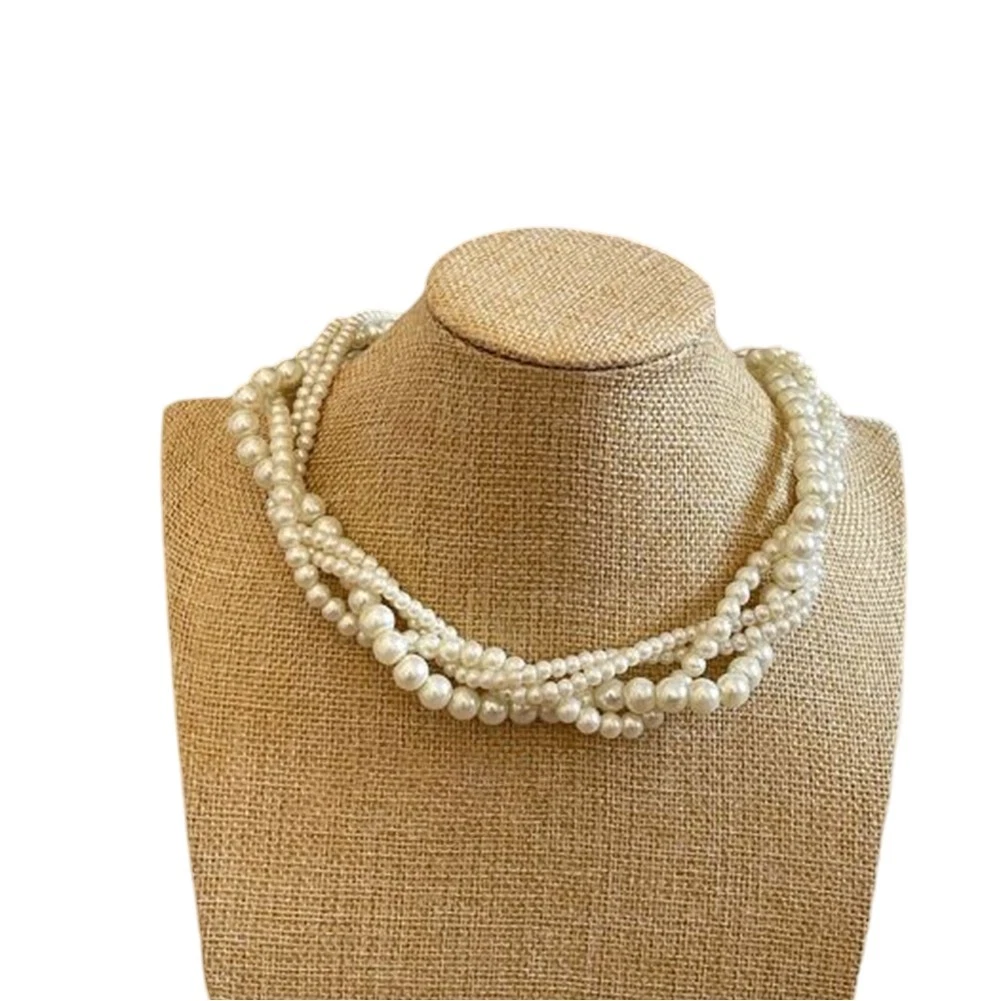 OFF WHITE Collana Multistrato Design Unico con Perle in Vetro e Finitura Acciaio Ti