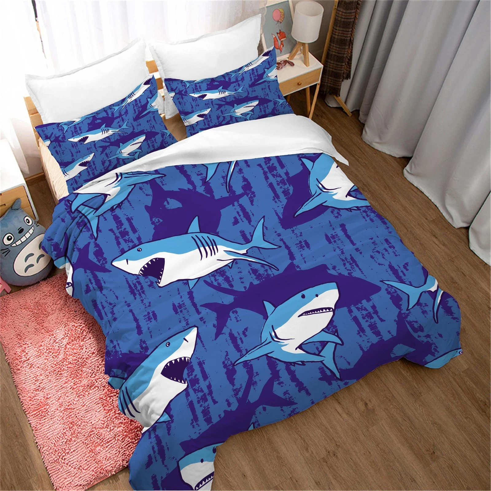 Cartoon Shark Marine Animals Duvet Quilt Cover Pillowcase Double Bedding Set