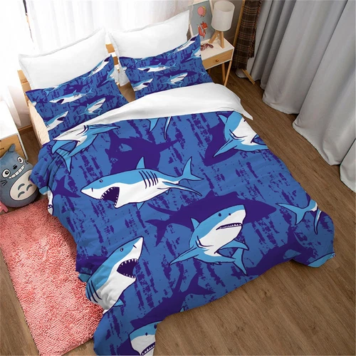 Cartoon Shark Marine Animals Duvet Quilt Cover Pillowcase Double Bedding Set