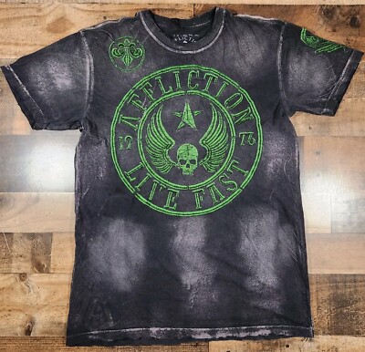 Affliction Live Fast Shirt XL Black Fade Green Tribal Y2K Grunge MMA Skull Wings