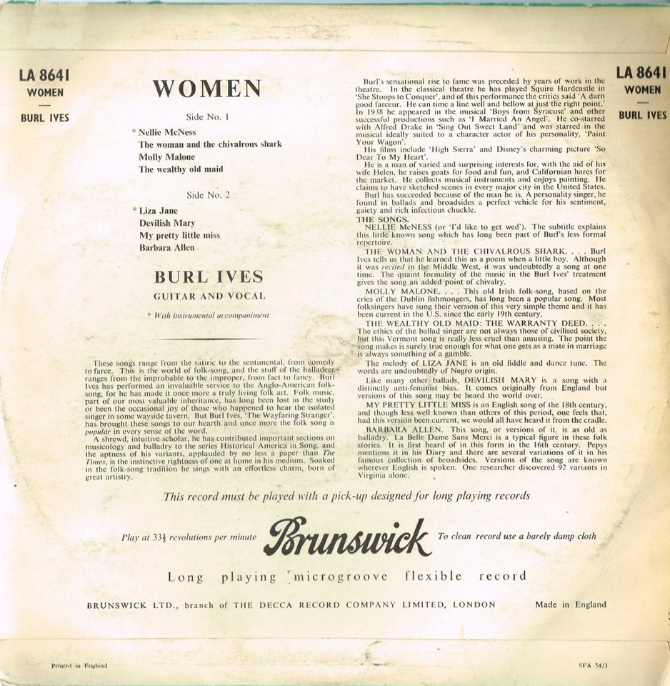 BURL IVES Women 2x10" LP WHITE LABEL Single Sided BRUNSWICK UK LA8641 @FOLK SONG - Image 2 of 4