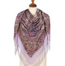 Natural Silk PAVLOVO-POSAD Shawl Wrap Scarf Fringe Lavender Lilac Oriental GIFT 