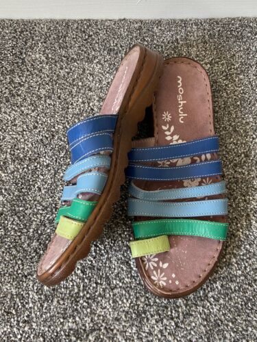 Moshulu Toe-loop Leather Sandals Habanero Green Blue Flat Slip On New 6 39 - Picture 1 of 8