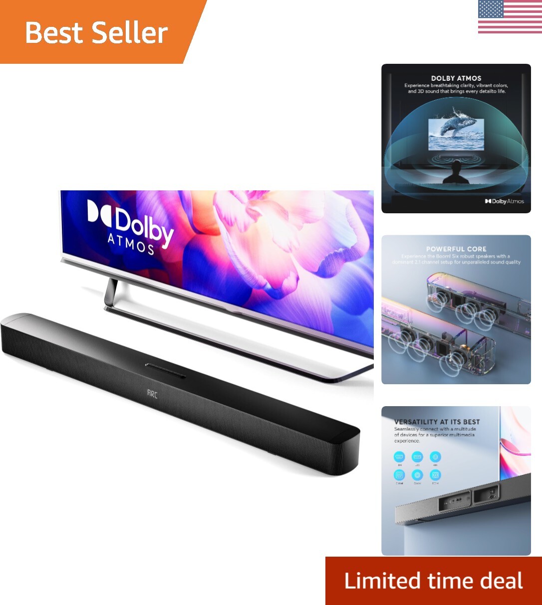 Soundbar, 2.1 Speaker with Dolby Atmos, 190W Six Speakers 37 inch Sound Bars ..-image