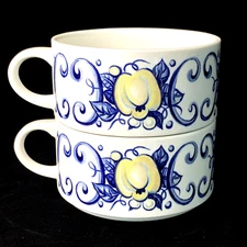 2 Villeroy & Boch CADIZ Stackable Flat Cups Blue Scrolls Yellow Fruit Luxembourg