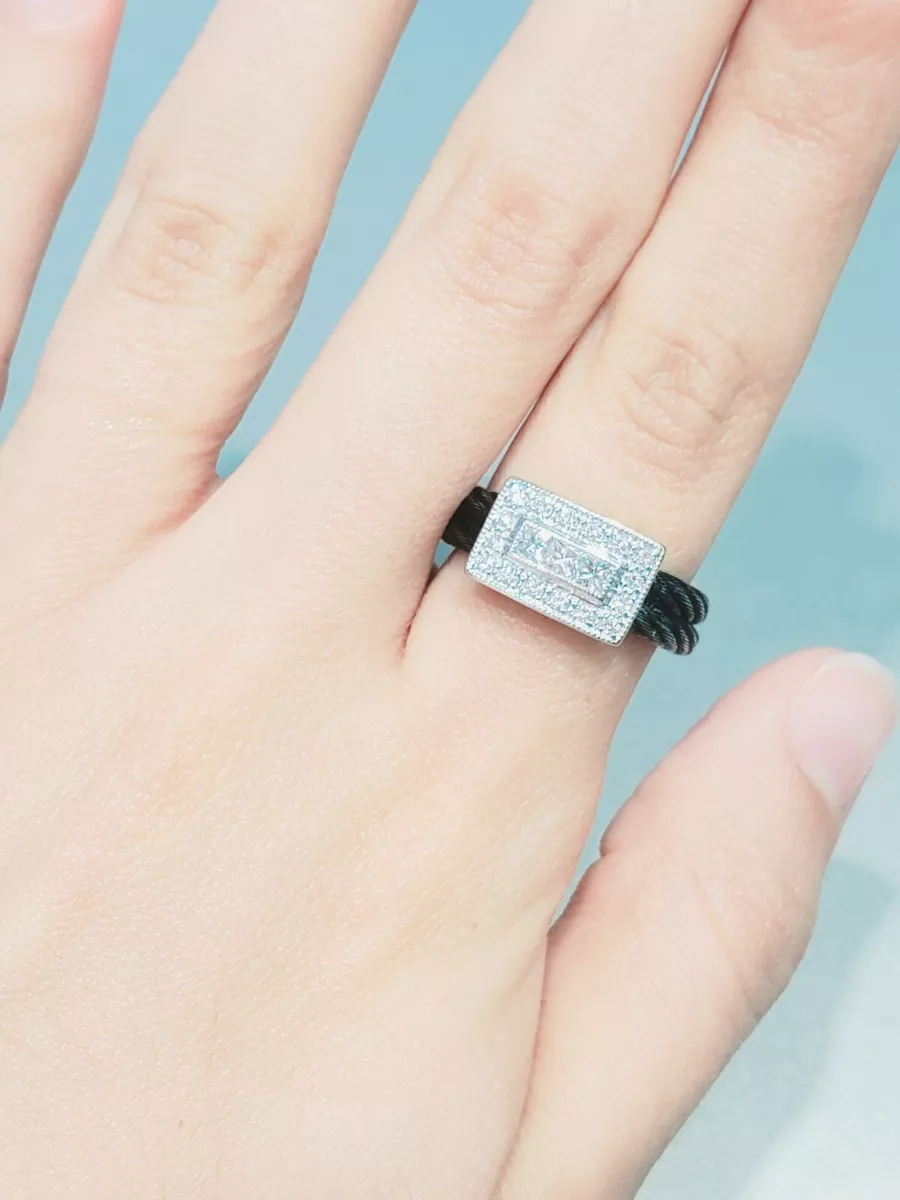 Charriol Princess Cut Diamond 18K White Gold and stainless steel cable ring