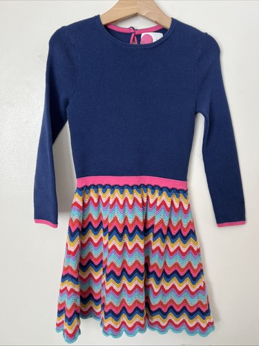 Mini Boden Girls 5-6Y Sweater Dress Zig Zag Crochet Skirt Rainbow Pattern